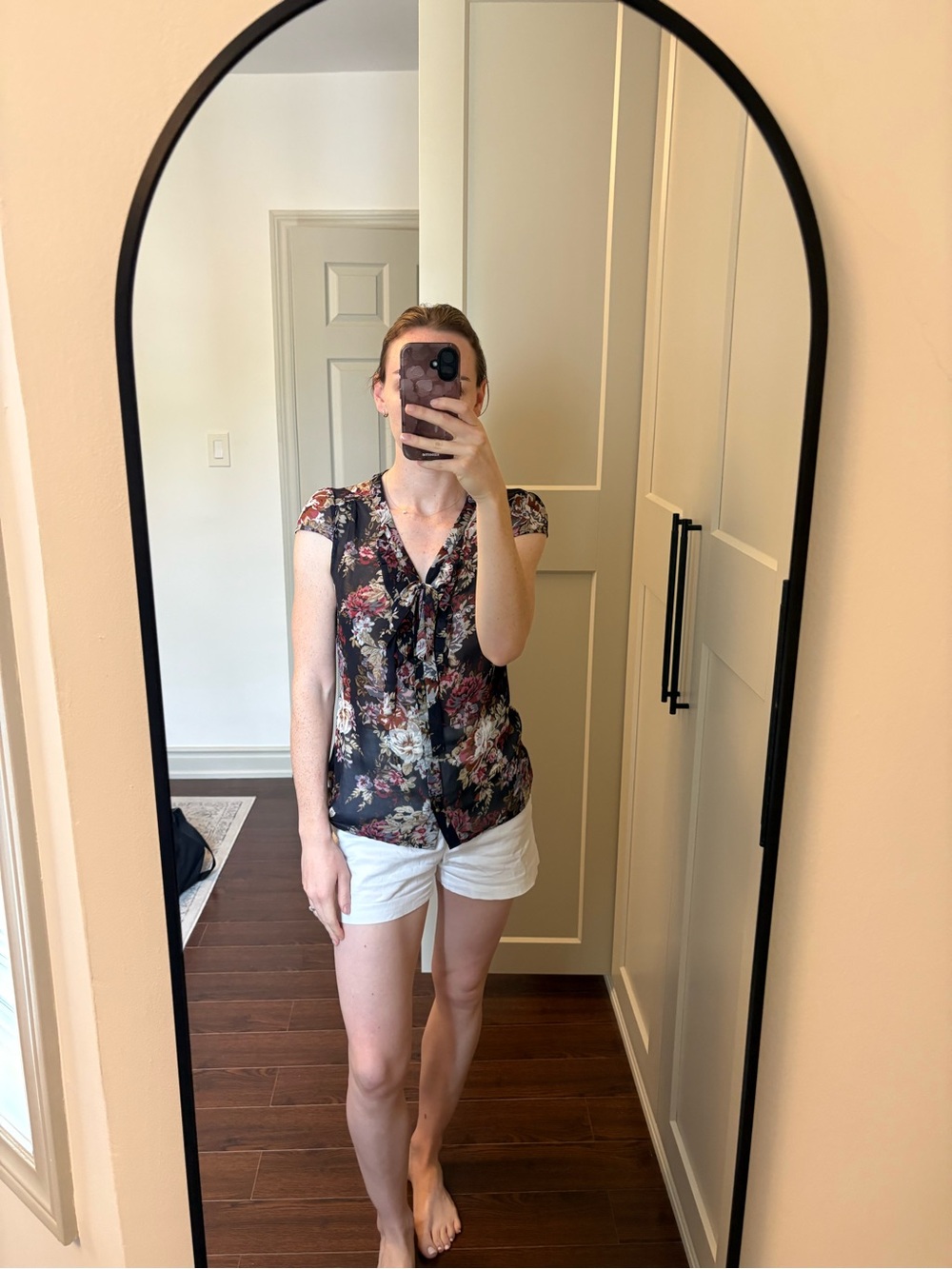 Floral Tie-Neck Cap Sleeve Top - Sheer Navy Blue Floral